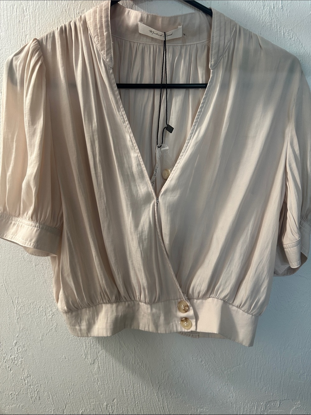 Light Cream Short-Sleeve Wrap Blouse with Button Detail